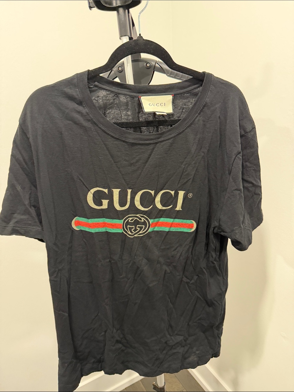 Gucci Black Tee with Gold Logo and Red/Green Stripe